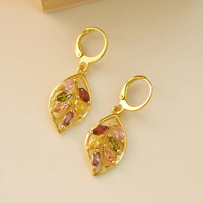 18K Gold Leaf Earrings with Colorful Gemstones