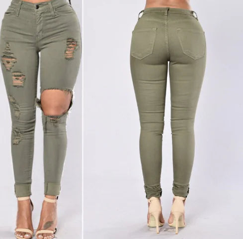 Blue Ripped High Waist Skinny Jeans with Slash Pockets