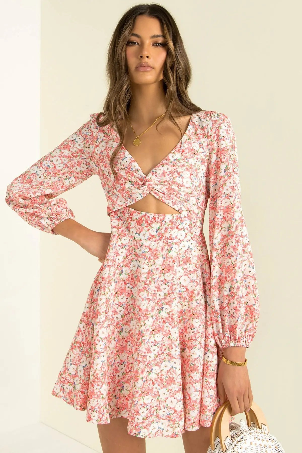 Trendy V - neck Long - sleeved Floral Dress - ActOn