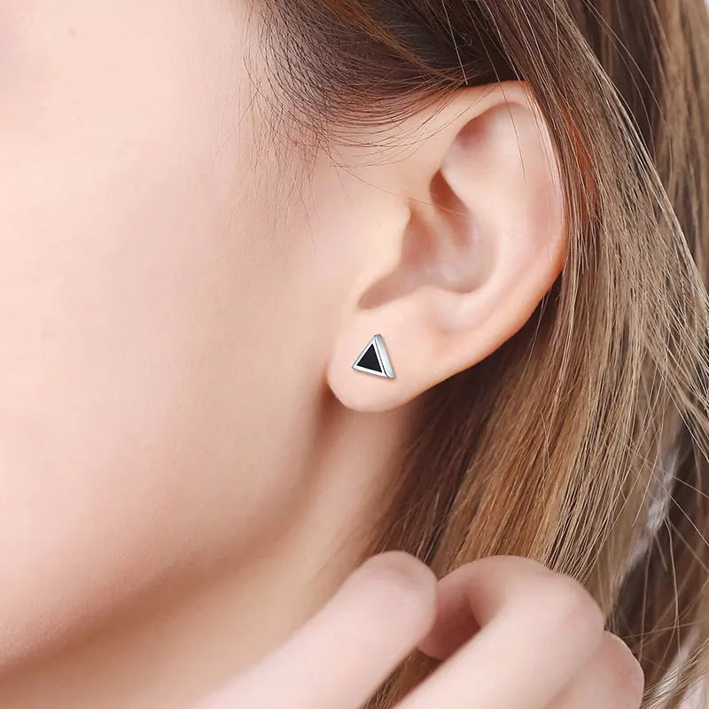 S925 Silver Triangle Stud Earrings with Black Resin