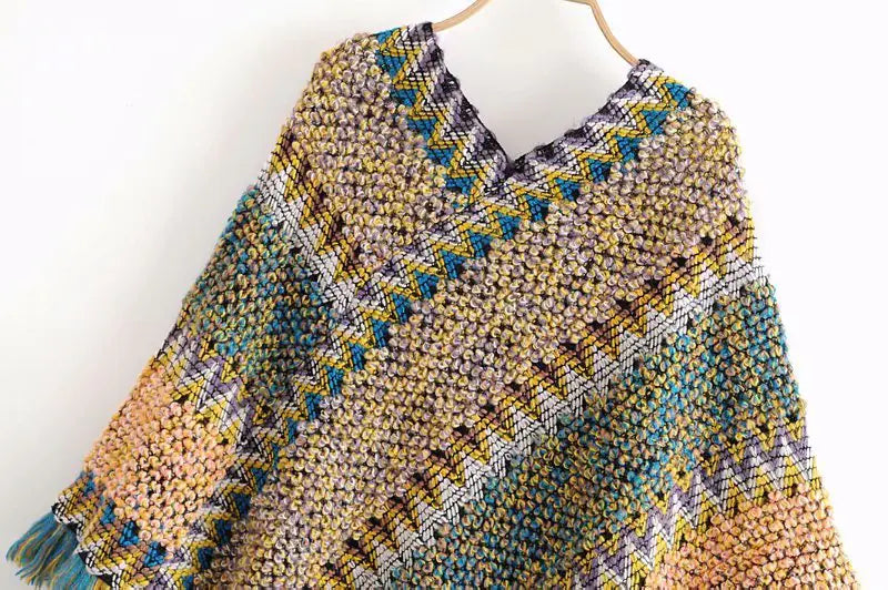 Irregular V-Neck Knit Sweater with Fringe Shawl