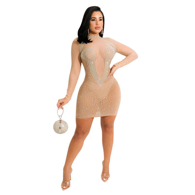 Women's Long-sleeved Mesh Rhinestone Dress