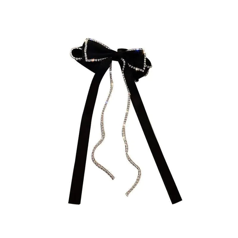 Black Bow Hair Accessory with Rhinestones and Tassels