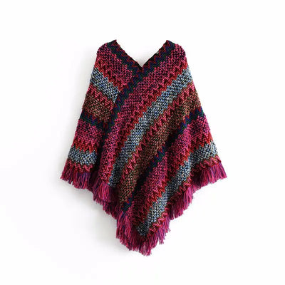 Irregular V-Neck Knit Sweater with Fringe Shawl