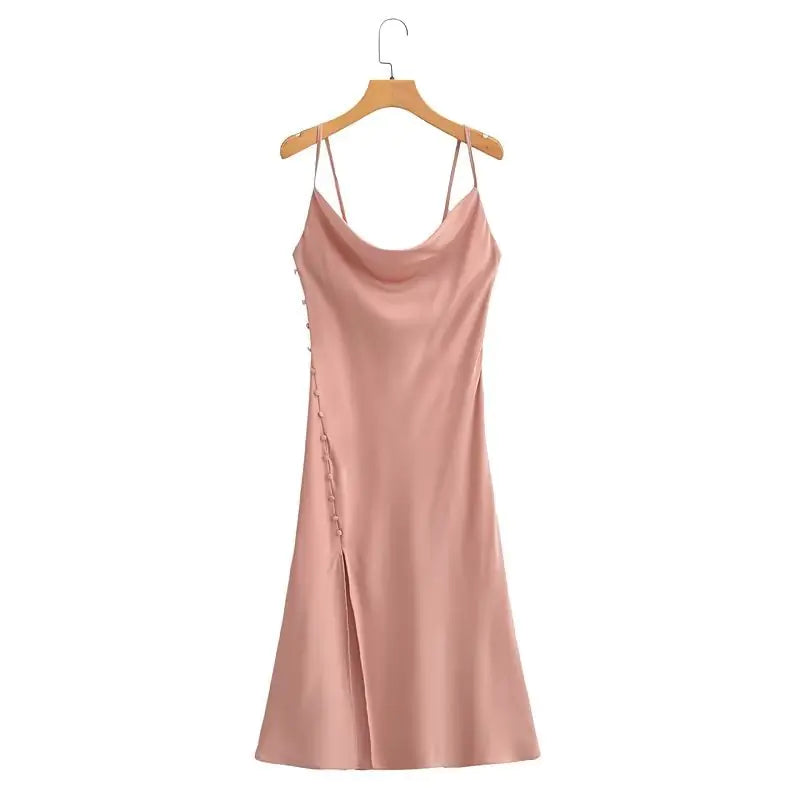 Satin Texture Backless Sling Dress with Fastener