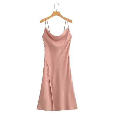 Satin Texture Backless Sling Dress with Fastener