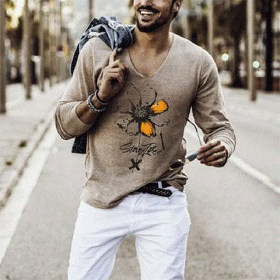 Elastic V-Neck Long Sleeve Men's T-Shirt