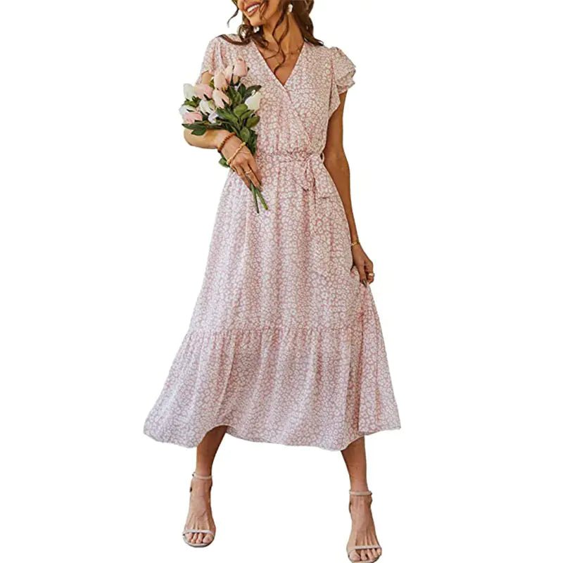 V - neck Short Sleeve Women's Floral Dress - ActOn