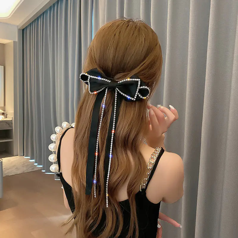 Black Bow Hair Accessory with Rhinestones and Tassels