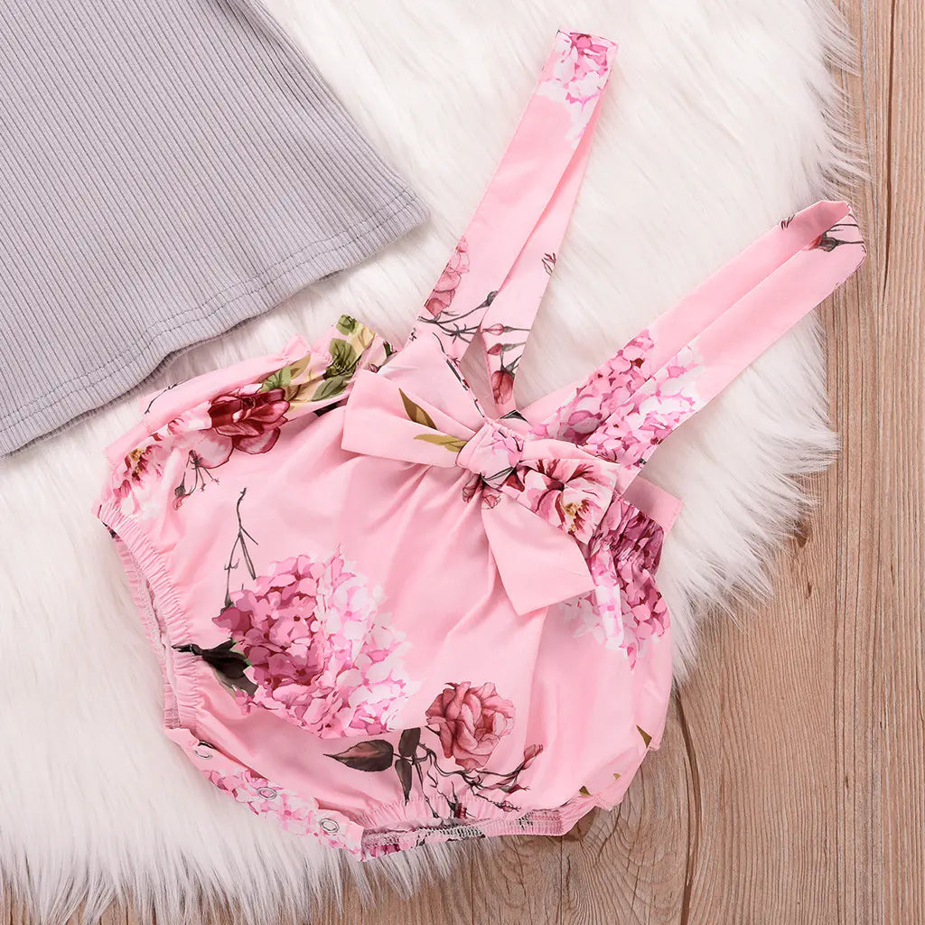 Gray Cotton Ribbed Set with Solid Top and Floral Overalls