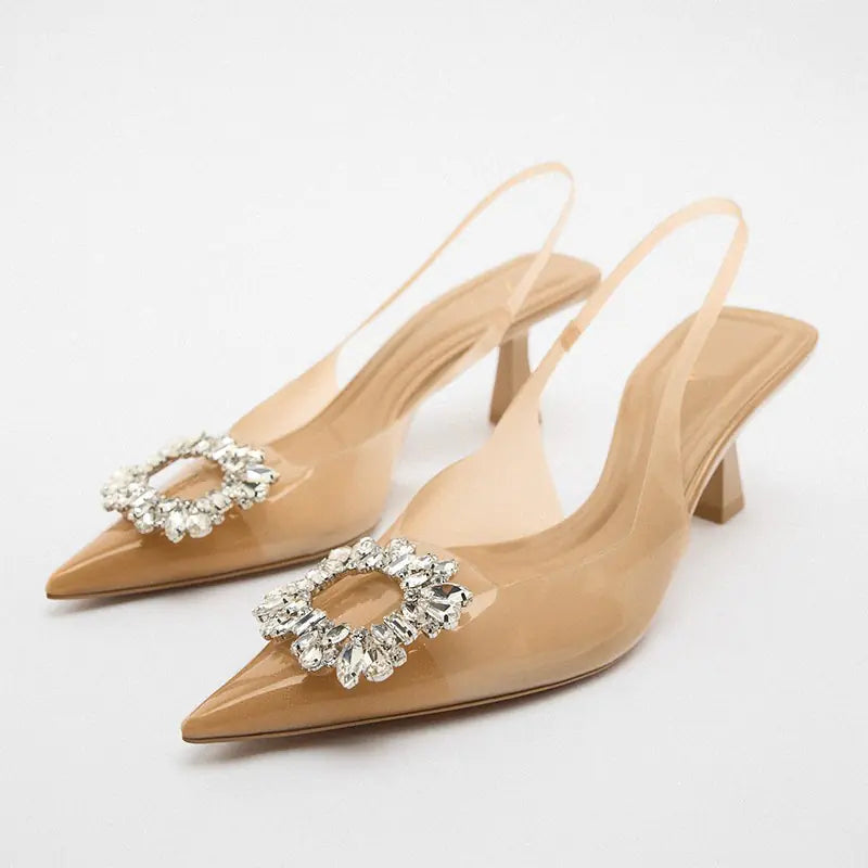 Summer 2023 Women's Beige High Heel Rhinestone Sandals