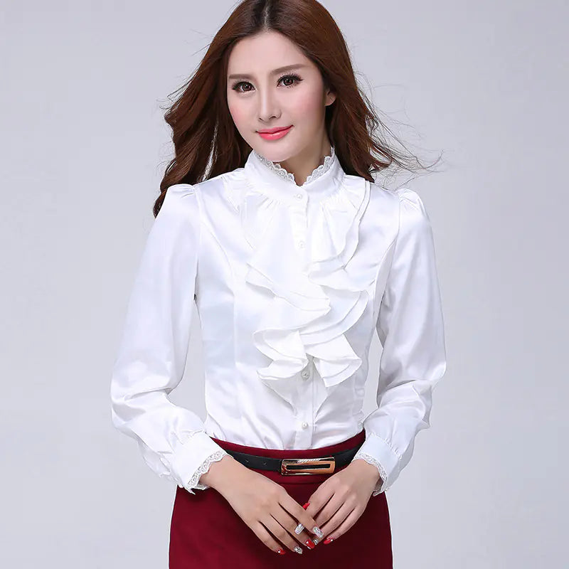 Pink Ruffled Collar Long Sleeve Shirt for Women