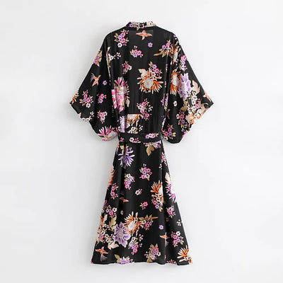 Women's Black Bohemian Printed Kimono Robe