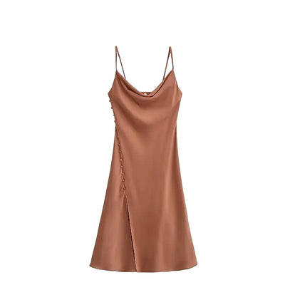 Satin Texture Backless Sling Dress with Fastener