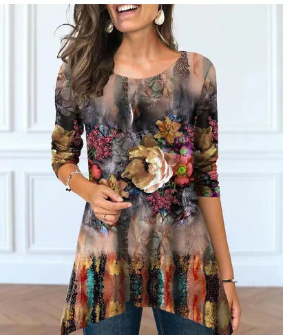 Plus Size Women's Floral Print Round Neck Dress