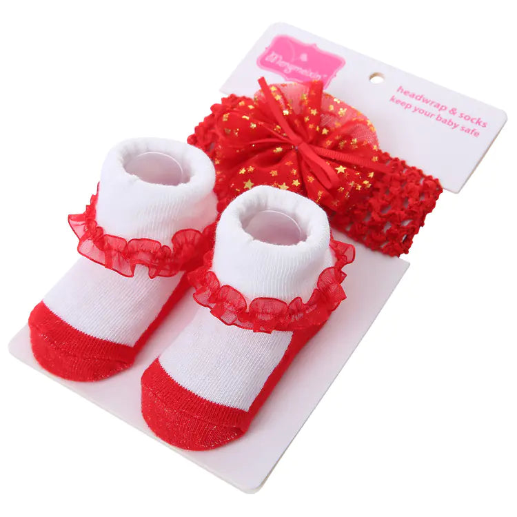 Solid Color Bow Lace Baby Socks and Headband Set