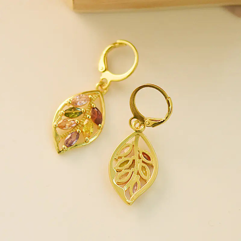 18K Gold Leaf Earrings with Colorful Gemstones